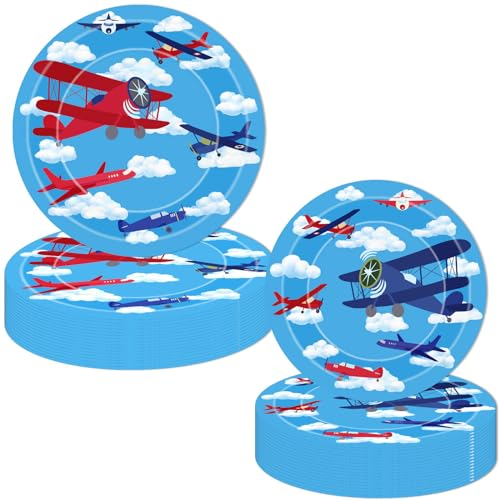 LetDec Airplane Birthday Party Tableware Airplane Aircraft Disposable Paper Plates Dinnerware for Aviation Theme Boys Birthday Baby Shower Party Supplies Decorations