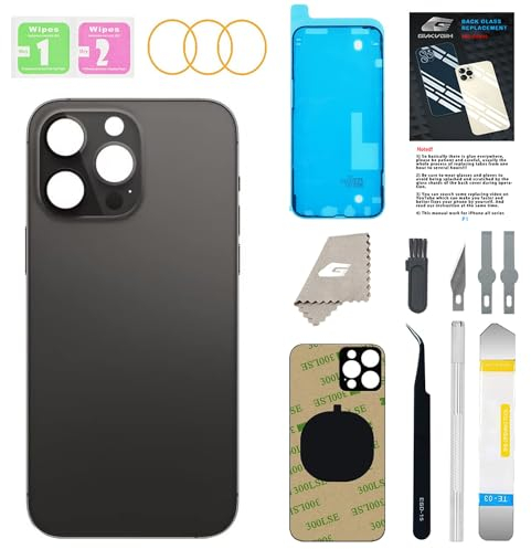 GUPFIX Rückglas-Ersatz für iPhone 14 Pro, mit Repir-Werkzeugen, großes Loch, Rückabdeckung, Glasersatz, alle Träger mit vorinstalliertem Kleber und Reparaturwerkzeug-Kits (Space Black)