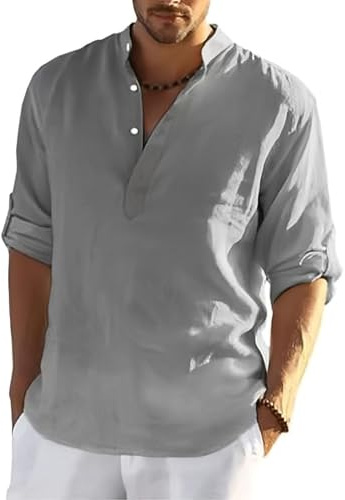 MSIYOW Camicia in Lino Uomo Shirt con Bottoni Camice Slim Fit Manica Lunga Camicia Bianca Casual Elegante