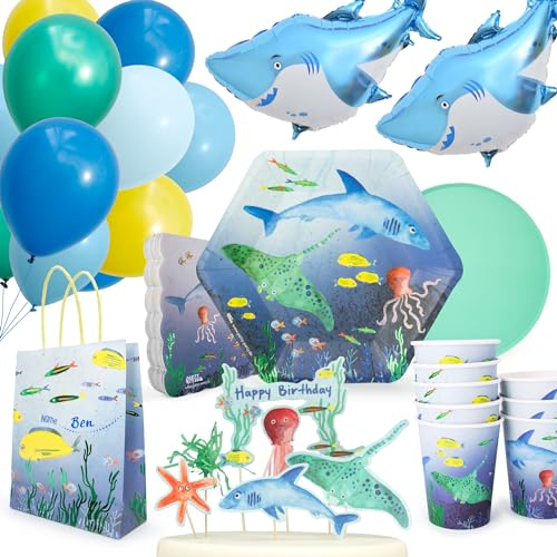 PARTY PARTY 68 Teile glitzerndes Unterwasser Geburtstag Set 8 Gäste, GESCHENKTÜTEN + PARTYGESCHIRR + CAKETOPPER + BALLONS, schillernde Fische, Meerestiere-Kindergeburtstag Junge Mädchen