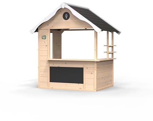 EXIT Toys Hika Wooden Outdoor Playhouse - With Role-Play Wheel Featuring 8 Themes, Chalkboard, Mailbox - Wooden Playhouse for Children - Age 2 and Up - 100% FSC Certified Cedar Wood - 3.6x4.6x5ft
