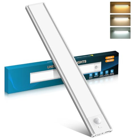 COTLEDL 30cm Under Cabinet Kitchen Lights with Motion Sensor,1 Pack 56LEDs/Type-C 2200mAh Rechargeable, 3 Color Temps 10%-100% Dimmable Cupboard Cabinet Light Kitchen, Bedroom, Hallway