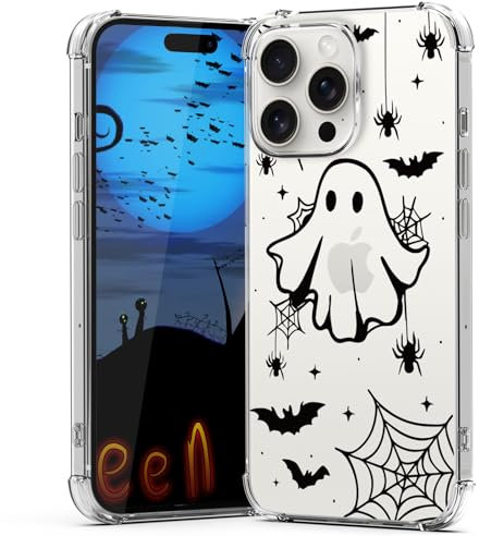 YEPO Halloween Case for iPhone 15 Pro Max Clear Spider Web, Phone Cover Girls Ghost Designs Slim Bumper Shockproof Protective Women Bat Phone Case for iPhone 15 Pro Max