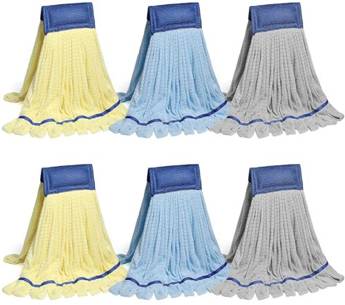 DRKLEAN Lot de 6 têtes de balai à franges en microfibre très résistantes, très absorbantes, de rechange commerciales, pour bois dur, carrelage, sols stratifiés (bleu, gris, jaune)