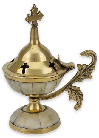 Orthodoxes Räuchergefäß mit Perlmutt-Inlay – kunstvolles christliches Räuchergefäß mit Kreuz für Zuhause oder Kirche, 12 cm