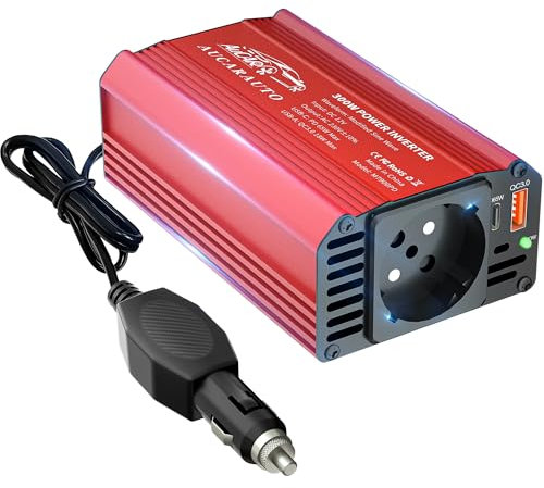 AUCARAUTO Upgrade 300W Spannungswandler, Wechselrichter 12V auf 230V Stromumwandler mit PD 65W & QC3.0 18W USB kfz ladegerät und Auto Steckdose, Laden Sie Ihr Laptop, iPad, iPhone Und Mehr - Rot