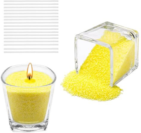 Scentoria Kerzensand 500g, Kerzensand mit Docht, Kerzenwachs Granulat mit 17 Dochte 6 cm, Wachsgranulat für Kerzen, Kerzen Sand, Kerzengranulat für die DIY Kerzenherstellung (Gelb)