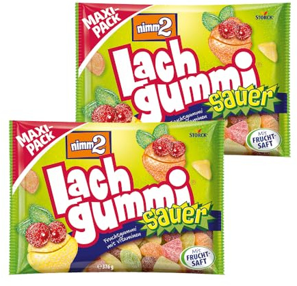 nimm2 Lachgummi Sauer – 2 x 376 g Maxi Pack – Saures Fruchtgummi mit Fruchtsaft und Vitaminen – Süßigkeit in sechs Geschmacksrichtungen