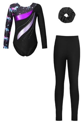 Jydiazi 3er/ 4er Mädchen Turnanzug Langarm Mit Hose Lang Kurz Kinder Beduckte Gymnastik Body Leggings Haargummi Wettkampf Tanzkleidung A_Schwarz&Lila 122-128