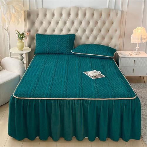 Odot Cache-Sommiers Jupe de Lit Matelassé, Flanelle Cache Sommier Jupe de Lit a Volant Draps Housses Élastique Drap Housse pour Matelas Epais, Facile a Mettre Enlever (90x200cm,Vert Malachite)