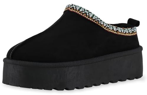 VAN HILL Damen Hausschuhe Pantoffeln Warm Gefüttert mit Plateau Prints Profilsohle