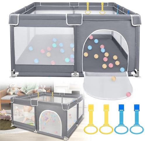 UISEBRT Laufstall Baby Laufgitter Schutzgitter mit Rutschfester Basis und Atmungsaktivem Netz und 50 Bälle, Stabiler Absperrgitter Aktivitätszentrum für Kinder,Dunkelgrau,127x127cm
