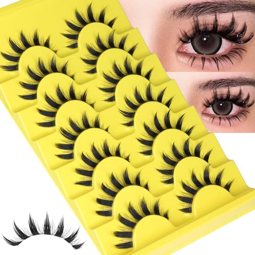 Manga Lashes Natürliche Wimpern, stachelige falsche Wimpern, unsichtbares Band, 3D-Katzenaugen-Wimpern, Wispy, künstliche Wimpern, Cosplay, Anime-Wimpern, 7 Paar, asiatische Puppenwimpern
