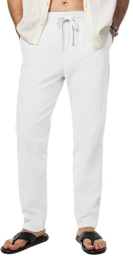 LVCBL Mens Linen Trouser Summer Elastic Waist Pants Beach Casual Trousers White XL