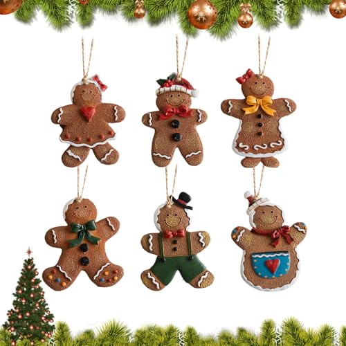 6 Stück Weihnachtsbaum Dekoration Lebkuchen, Weihnachtsschmuck Christbaumschmuck Lebkuchen Anhänger Weihnachtsbaum Schmuck Hängedekorationen für Feste Home Party, 6 Arten, Rein handgefertigt, Ungefähr