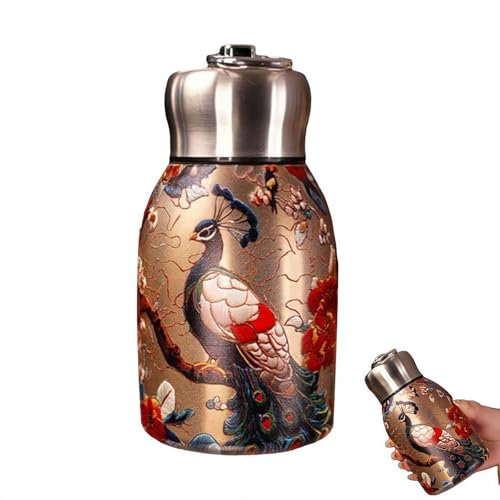 BOWTONG Peacock Floral Tea Pot, Stainless Steel Thermal Coffee Thermo, Vintage Flower Pattern Water Bottle with Leakproof Lid and Portable Handle for Hot Drinks