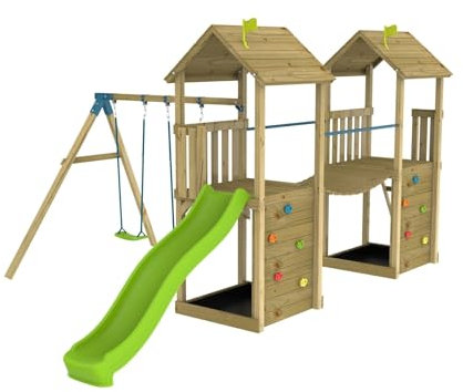 TP Toys Aire de Jeux en Bois FSC® – Balançoire, Toboggan, Pont Suspendu – Jeux Extérieurs pour Enfants – Dès 3 Ans – Kit d’Ancrage Inclus