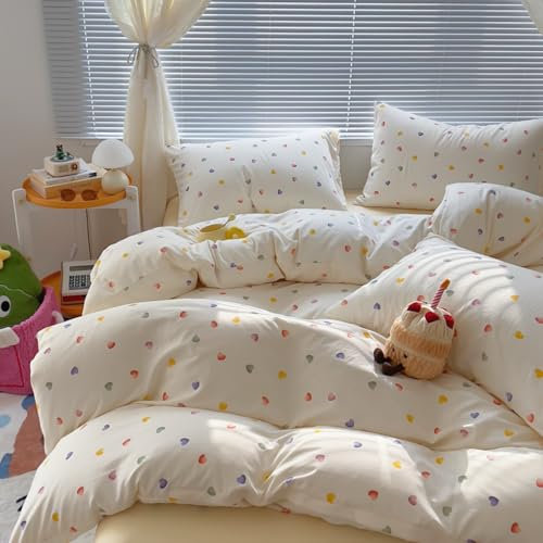 Freyamy Herz Bettwäsche 135x200cm 2teilig Weiß Bunt Liebe Mädchen Bettwaren-Sets Herzmotiv Romantisch Microfaser Wende Deckenbezug Kinder Teens Bettbezug mit Reißverschluss und 1 Kissenbezug 80x80cm