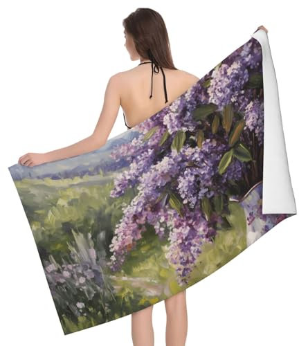 Toallas de baño grandes con pintura escénica de teteras lilas, toallas de playa suaves de gran tamaño, toallas de secado rápido muy absorbentes para el baño, toalla de microfibra para el cabello para