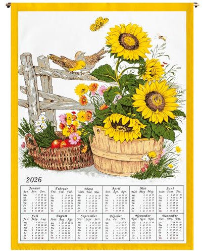 ggm Stoffkalender 2026 Sonnenblumen – 45x65 cm – Wandkalender aus Baumwolle – nachhaltiger Jahreskalender – dekorative Wanddeko – Stoffposter für Küche oder Büro – verschiedene Ausrichtungen