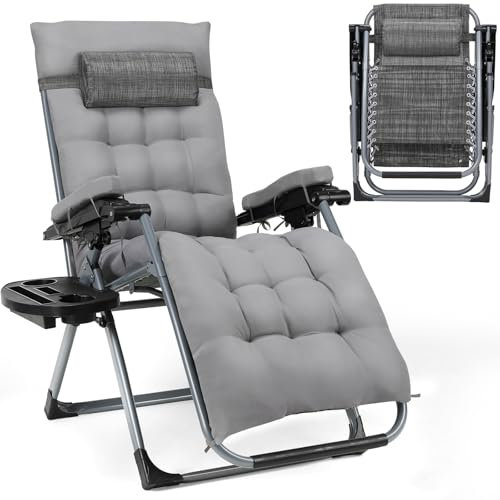 TLGREEN Sonnenliege, Gartenliege, Liegestuhl klappbar, Tragfähigkeit 160KG, Abnehmbares Sitzkissen, Verstellbare Rückenlehne, Nackenkissen & Getränkehalter, Outdoor Sessel, Strandliege, Grau