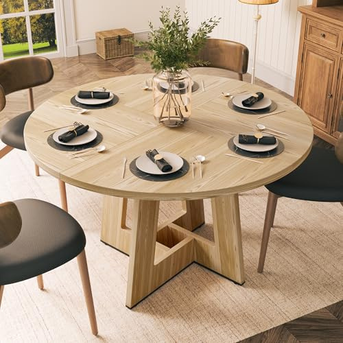 YOUDENOVA Runder Esstisch 120 cm, Esszimmertisch Holz Für 4‑6 Personen, Rustikale Küchentisch‑Ästhetik Mit Modernem Geometrie Junkturfuss, Natur (OHNE STÜHLE)