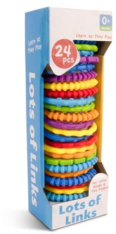 24 Multicoloured Linkables - Toy & Baby Stroller Accessories, Sensory Development, Bright Colours, Noise Rattle, Textures Learning, Geometric Linking Chains, Connecting Pram Ring Toys, Safe for Infant