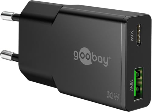 goobay USB-C Ladegerät 30W, Ultra Flaches GaN Netzteil, Dual Port mit Power Delivery & Quick Charge, Slim Ladeadapter für iPhone, Samsung Galaxy, iPad, Pixel UVM. - Schwarz - 75737