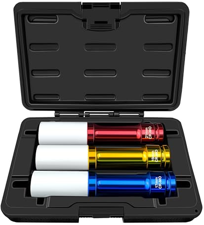 YIYITOOLS 3Pcs 1/2 Drive Impact Lug Nut Socket Set, 150mm Extra Long Deep Sockets, 6-Point Thin Wall Sockets (17 19 21mm), CR-MO, Non-Marring & Anti-Scratch for Wheel Lug Nut Remover