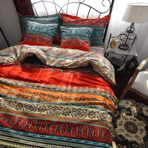 Qucover 100% Baumwolle Bettwäsche 155x220 4teilig, Aesthetic Bettwäsche Bunt Vintage Bettbezug, Bohemian Bettwäsche-Sets mit Reißverschluss 2 Kissenbezug 80x80cm Weich Warm