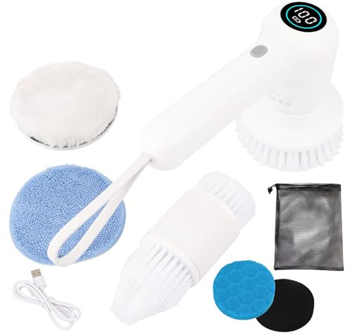 Elektrische Reinigungsbürste, Electric Cleaning Brush mit 5 Wechselbürsten, mit Led Anzeige, IPX7, 2 Geschwindigkeiten, für Badezimmer, Fliesen, Kochfelder und Schuhpflege