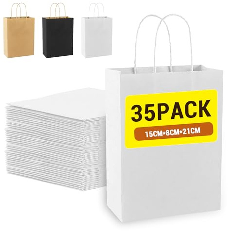 35 Stück Papiertüten mit Henkel, 15 x 21 x 8 cm Geschenktüten Papiertaschen Klein，Kraftpapier Tüten Gift Bag für Geburtstag Hochzeit Adventskalender DIY (Weiß)