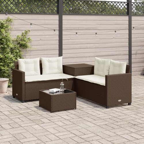 QJBSAVVA 4-Sitzer Gartensofa in L-Form 171x171 cm Poly-Rattan braun mit Couchtisch, gepolsterten Kissen und Stauraum, Robustes Outdoor-Lounge-Set für Garten, Terrasse und kleinen Balkon