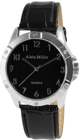 Alain Miller Herren Armbanduhr aus Kunstleder in Schwarz, in Einer Länge von 24 cm, Klassisches Design für jeden Mann