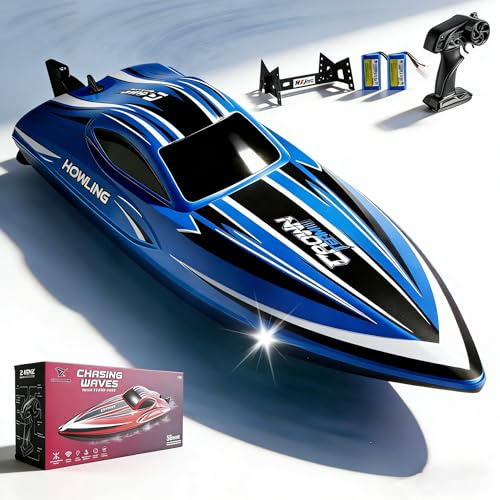 Strixorn Ferngesteuertes Boot mit LED-Beleuchtung, 42CM RC-Boot, 35 km/h, Selbstaufrichtend, 2 Akkus, 2,4 GHz Fernsteuerung, Wasserdicht & Kentersicher, für Kinder Erwachsene, Pool See (blau)