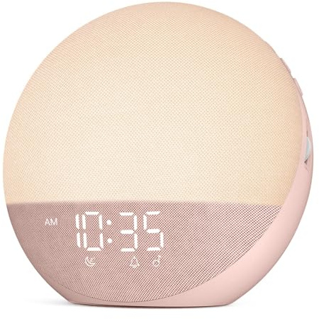 Hiromeco Tageslichtwecker Sonnenaufgang Wecker mit Bluetooth, Stoffbezug | 3 Weckmodi, 25 Einschlafklänge, 12 RGB-Nachtlichtfarben, Timer-Funktion – ideal fürs Schlafzimmer für Erwachsene & Kinder