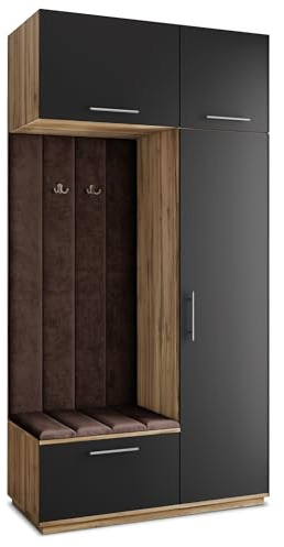 Masseno Flugarderoben Set Rema, Kleiderschrank-Set mit Sitzbank, Garderobenschrank Flur mit 5 Regalböden, Eiche Wotan/Schwarz