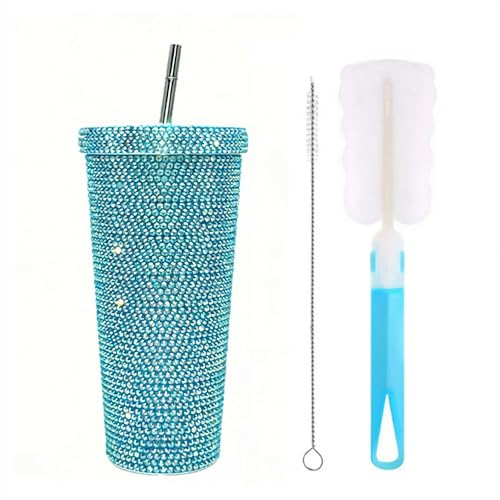 Bling Rhinestone Tumbler 17oz, Stainless Steel Double Wall Vacuum Insulated Water Bottle with Leakproof Lid & Straw, Diamond Glitter Travel Mug for Gym Office (Blue)
