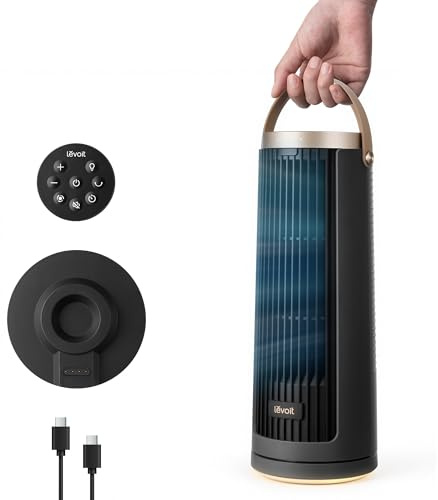 Levoit Windi Mini Pro Ventilador de Torre, Portátil USB, 20dB, LTF-F132BL | 7m/s, Luz Nocturna, Batería Hasta 20h, Base Tipo Dock, Oscilación 90°, Mando y Temporizador 12h, Gris