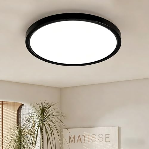 JDONG Deckenlampe LED Deckenleuchte Ø30CM Schwarz Rund 24W Deckenleuchten | flach 4000K Neutralweiß Badlampe Decke Küchenlampen Ultra Dünn 2.5CM Ideal für Wohnzimmer Balkon Keller Schlafzimmer Flur