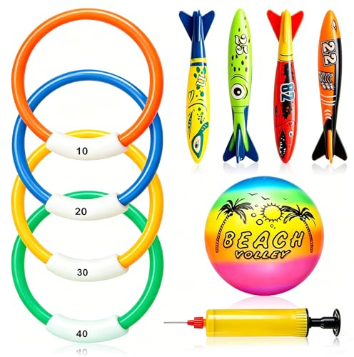 LANGNIDORIS Jouet Piscine Enfant, Adaptés aux Enfants dès 4 Ans, Composé d Anneaux de Plongée, de Ballon et de Torpilles de Jeu, Idéal pour Les Jeux sous l’Eau et Les Fêtes de Piscine en Été