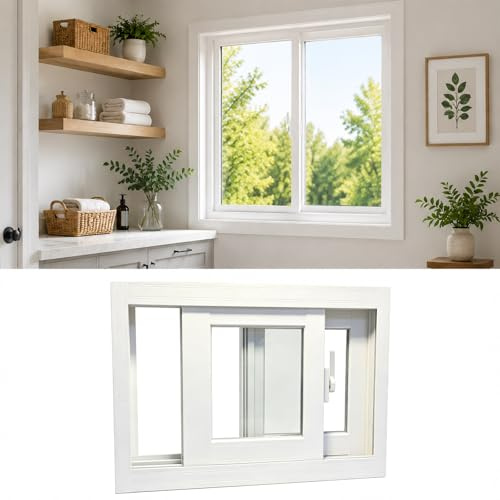 Finestre Scorrevoli, Scorrimento Orizzontale, Montaggio a Filo, Telaio in Lega di Alluminio, Con Zanzariera, Finestra per Bagno, Casa, Garage, Casetta(White,19 * 39in)