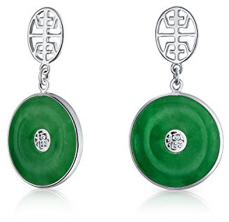 Asiatischer Stil Kreis Runde Donut Glücksbringer Fu Zeichen Chinesisches Symbol Gefärbte Grüne Jade Scheibe Hängende Ohrringe Für Frauen 14K Vergoldet .925 Sterlingsilber