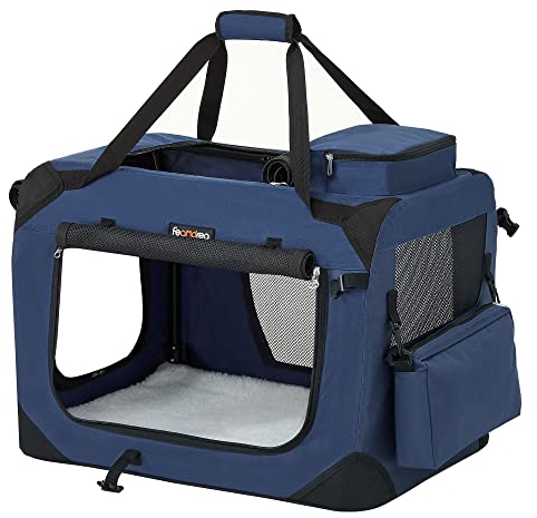 Feandrea Hundebox faltbar, Transportbox Hund, S, Hundetasche, Oxford-Gewebe, Netzstoff, atmungsaktiv tragbar transportabel, Metallrahmen, mit Griffen, Taschen, 50 x 35 x 35 cm, dunkelblau PDC50Z