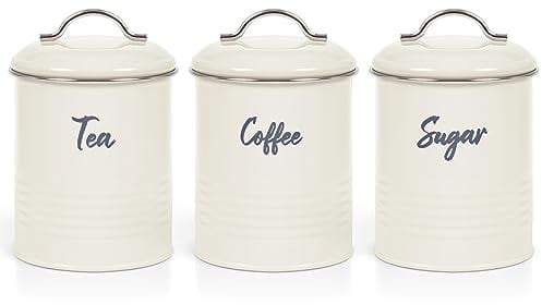 EHC Tea, Coffee, Sugar, Canister Set, Set of 3 Airtight Food Storage Easy to Open Storage Cansiters Jars Tin, Cream