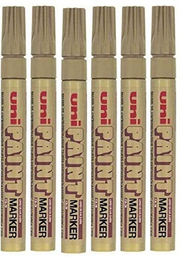 Uni Colour Medium (2.2-2.8mm) PX-20 Gold Oil Paint Marker Pen Metal Glass Wood Plastic Stone Outdoor mm Metal Bullet Nib Tip (Pack Of 6)