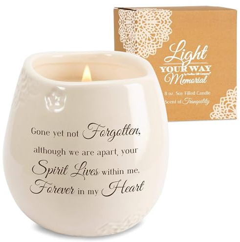 Pavilion - 8 Oz Candle Holder - White Ceramic Candle Jar with 100% Soy Wax Candle Tranquility Scent Gone Yet Not Forgotten Ideal Remembrance Gift for Love One Who Passed - Printed Text & Love Theme