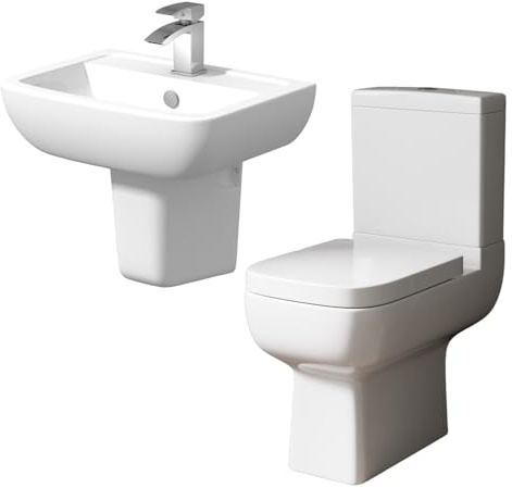 Affine® Amelie Cloakroom Bathroom Suite Close Coupled Toilet WC Dual Flush Cistern Basin Semi Pedestal Soft Close Freestanding Modern White Gloss
