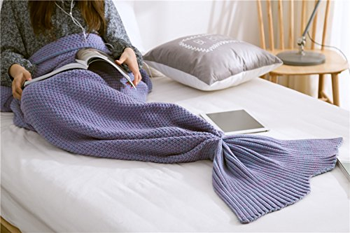 Naturer Meerjungfrau Flosse Decke Lila Erwachsene Gestrickte Nixeendstück Decke Wohnzimmer Quilt für alle Jahreszeiten, Warmer Schlafsack Decke