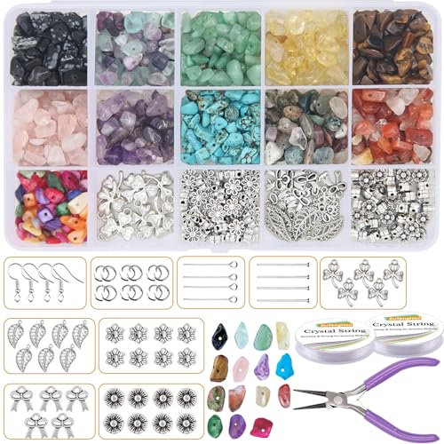 EuTengHao 933 Stück unregelmäßige Steinperlen mit natürlichen Edelstein-Perlen, Set mit Ohrringhaken, Abstandshalter, Perlen, Anhänger, Charms, Biegeringe für DIY-Schmuck, Halsketten, Armbänder